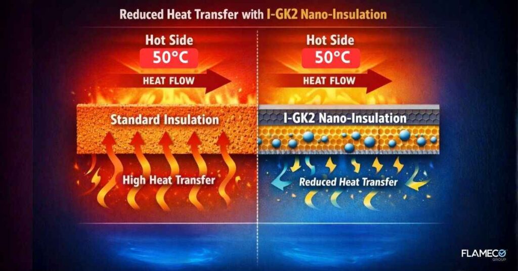Thermal heat flow diagram illustrating reduced heat transfer using nano-insulation material called I-GK2.