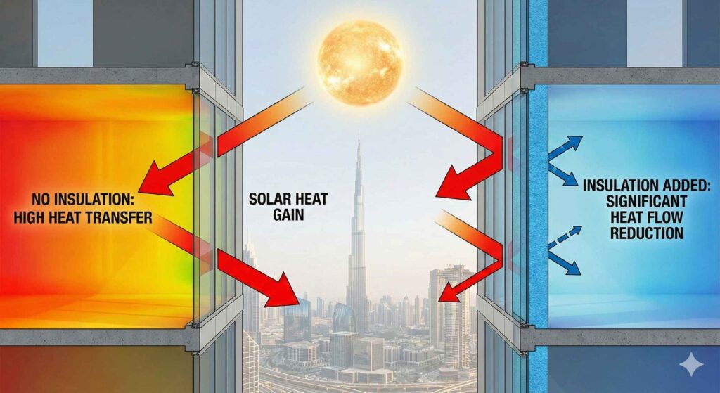 CGI diagram showing heat entering through a Dubai building_11zon