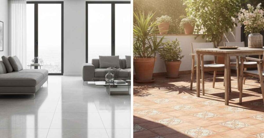 Split-image showing indoor and outdoor tiled areas in a home