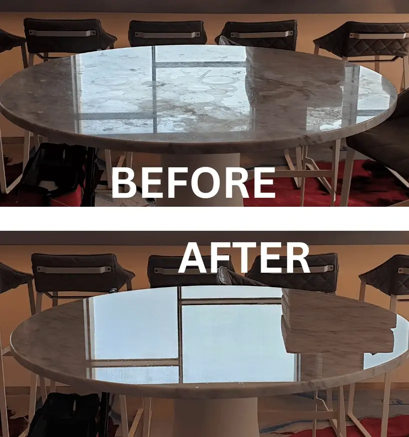 Marble table before and after protection film
