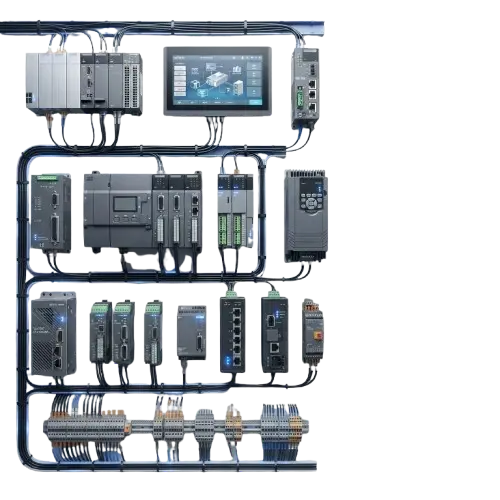 Industrial automation control panel with PLC and wiring components