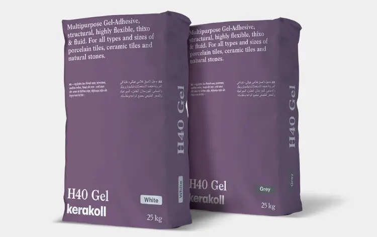 Kerakoll H40 Gel 25kg tile adhesive bags, white and grey, supplied by Flameco Group UAE